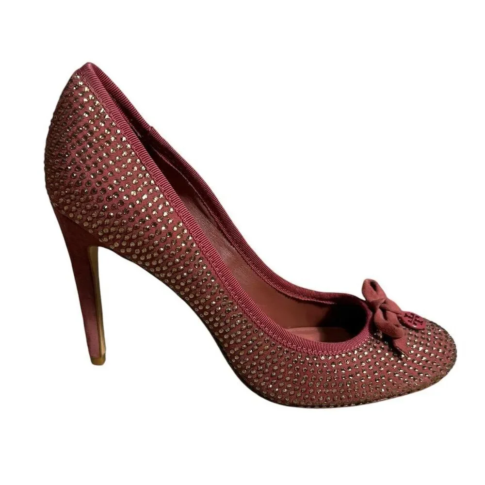 Tory Burch Phoenix Charm Pink Crystal Suede Pumps Size 8.5 Women's Party Heels